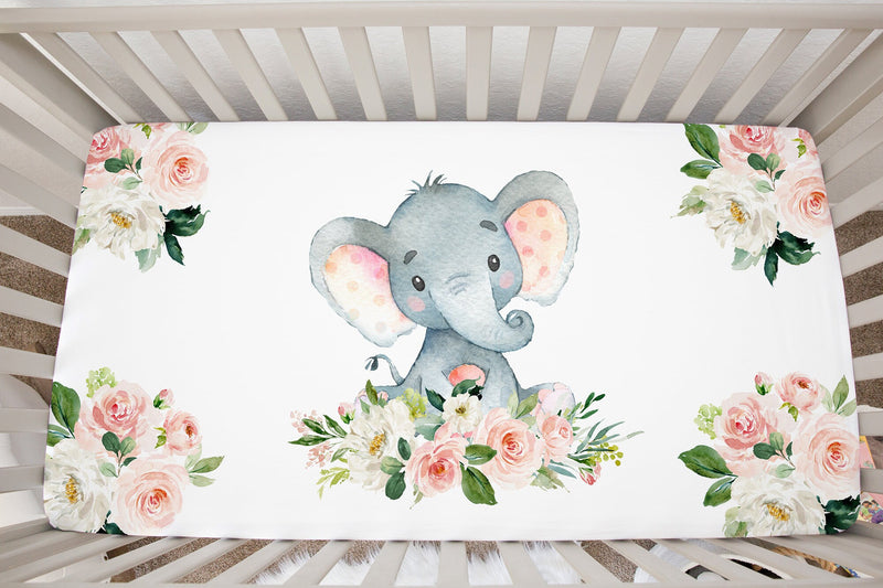 Elephants Pink Baby Girl Crib Sheet, Watercolor  Blush Pink Floral Flowers Newborn Baby  Shower Gift  C101