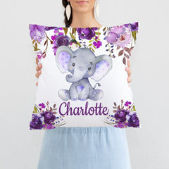 Elephant Floral Girl Throw Pillow Nursery Purple Lavender Flowers Bedroom Room Decor Cushion Girl Name Watercolor Monogram Playroom P211