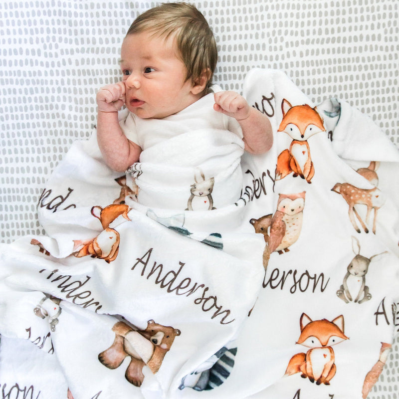 Woodland Baby Blanket Personalized Boy Name Blanket Woodland Animals Baby Shower Gift Nursery rib Bedding Fox Bear Owl Raccoon  B1026