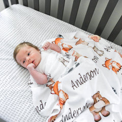 Woodland Baby Blanket Personalized Boy Name Blanket Woodland Animals Baby Shower Gift Nursery rib Bedding Fox Bear Owl Raccoon  B1026