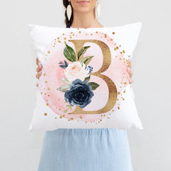 Floral Monogram Name hrow Pillow Watercolor Navy Blue Blush Pink Coral Flowers Nursery Pillow Bedroom Room Decor Cushion   P255