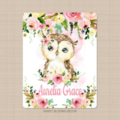 Owl Baby Blanket, Blush Pink Coral Floral, Owls Baby Girl Name Blanket, Baby Shower Gift, Newborn Gift, Nursery Crib Bedding  B1268