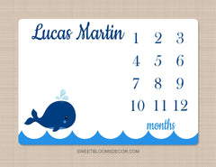 Whale Milestone Blanket, Milestone Blanket, Baby Shower Gift Natical Newborn Gift, Monthly Growth Tracker B233