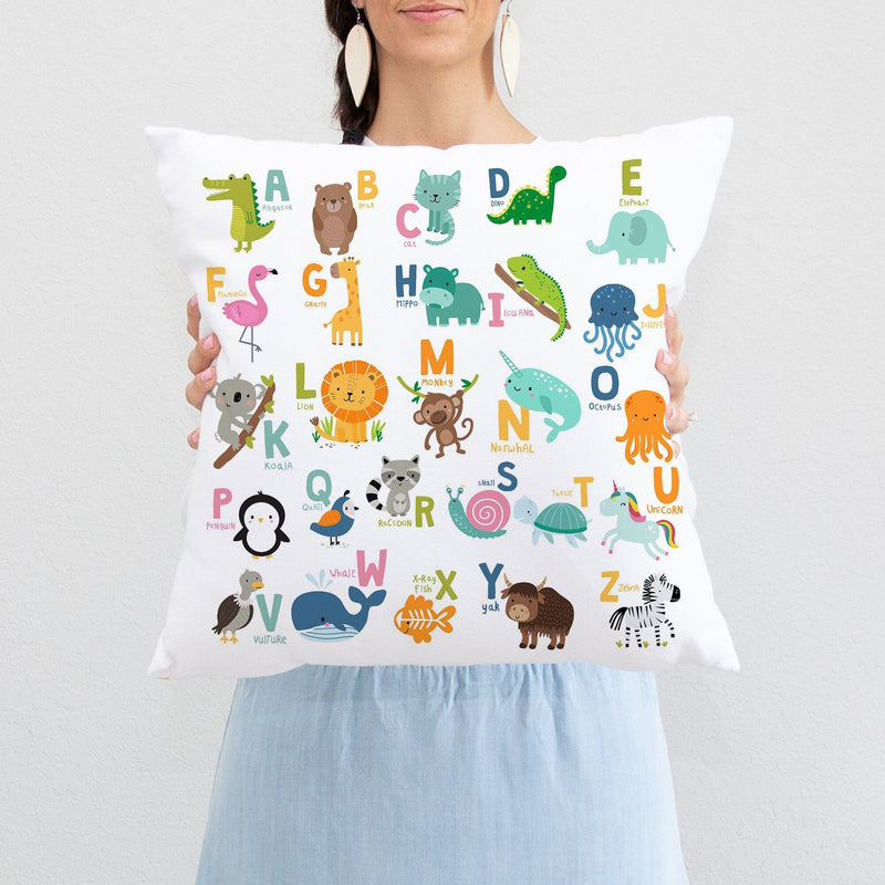 Animals Alphabet Nursery Pillow Safari Jungle Animals ABC Baby Room Decor Baby Shower Gift Playroom Decor Daycare 16x16 with Insert 155