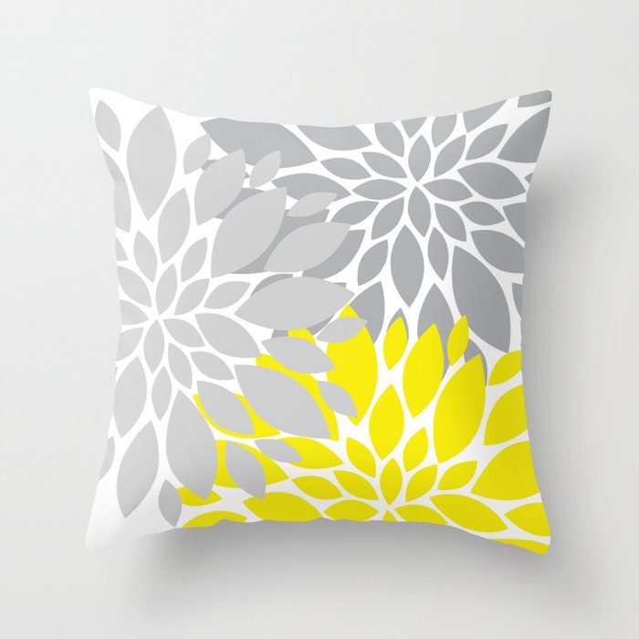 Floral Throw Pillow, Yellow Gray Dahlia Flowers Accent Pillow, Decorative Modern Home Decor, Couch Pillow Cushion