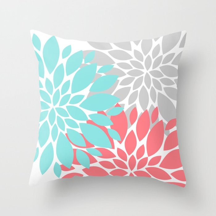 Floral Throw Pillow, Coral Teal Gray Dahlia Flowers Accent Pillow, Decorative Modern Home Decor, Couch Pillow Cushion