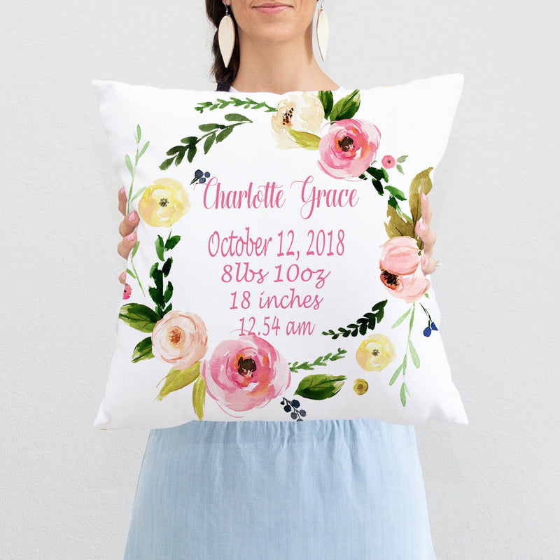 Gilrl Birth Announcement Pillow Personalized Birth Stats Throw Pillow Pink Watercolor Floral Wreath Girl Baby Shower Gift Nursery Decor 148