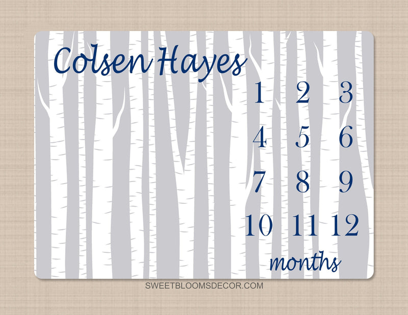 Milestone Blanket Monthly Woodland Milestone Blanket Navy Gray Birch Trees Woodland Forest Blanket Newborn Baby Boy Shower  Gift B1273