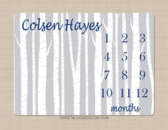 Milestone Blanket Monthly Woodland Milestone Blanket Navy Gray Birch Trees Woodland Forest Blanket Newborn Baby Boy Shower  Gift B1273