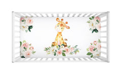 Giraffe Baby Girl Crib Sheet Watercolor Coral Blush Pink Floral Newborn Baby Girl Flowers Shower Gift Nursery  C130