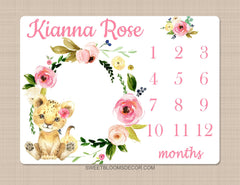 Lion Girl Floral Milestone Blanket Blush Pink Coral Flowers Safari Animals Monthly Growth Tracker Newborn Baby Shower Gift B1258