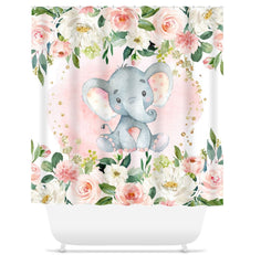 Elephant Floral Shower Curtain Blush Pink Coral Watercolor Flowers  Baby Girl Bathroom Decor S172