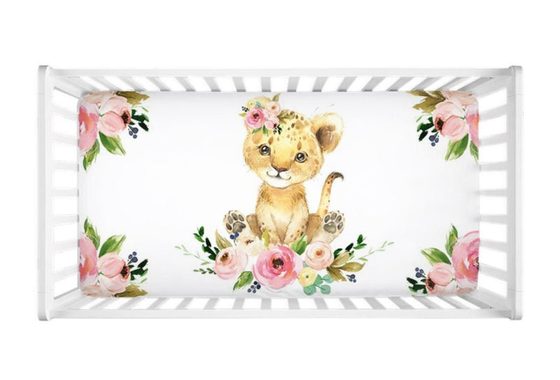 Lion Baby Girl Crib Sheet Watercolor Coral Blush Pink Floral Newborn Baby Girl Flowers Shower Gift Nursery  C126