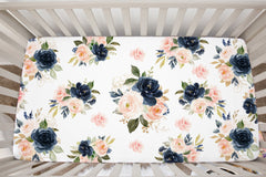 Floral Crib Sheet Navy Blush Pink Coral Watercolor Flowers Newborn Baby Shower Gift