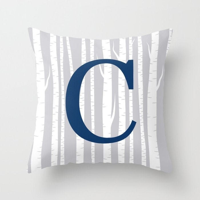 Monogram Nursery Pillow Navy Blue Gray Birch Trees Nursery Decor Bedding P256