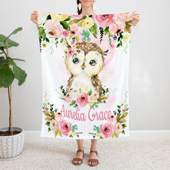 Owl Baby Blanket, Blush Pink Coral Floral, Owls Baby Girl Name Blanket, Baby Shower Gift, Newborn Gift, Nursery Crib Bedding  B1268