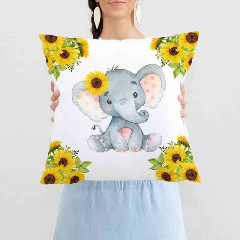 Sunflower Elephant Nursery Pillow Sunflower Yellow Nursery Decor Bedroom Room Cushion Girl Name Baby Shower Gift Crib Bedding P235