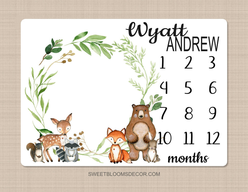 Woodland Milestone Blanket, Personalized Woodland Animals Monthly Growth Tracker Newborn Baby Shower Gift Newborn Gift B1186