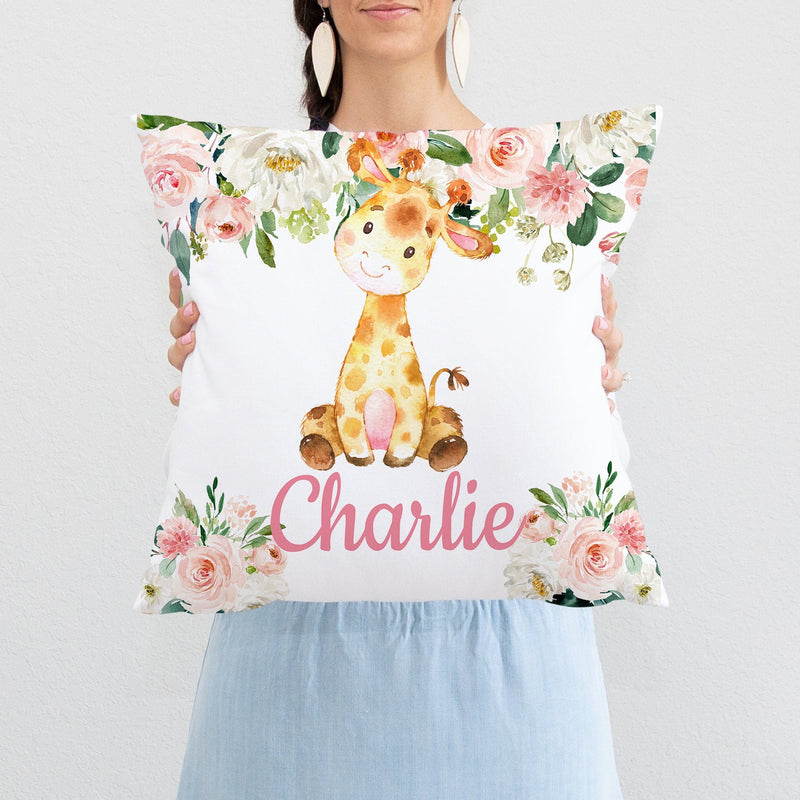 Giraffe Floral Girl Throw Pillow Nursery Blush Pink Coral Bedroom Room Decor Cushion Girl Name Watercolor Room Decor Monogram Playroom P269