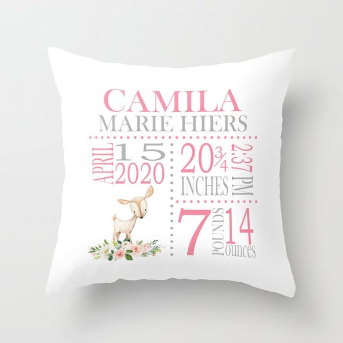 Deer Floral Girl Birth Announcement Pillow Personalized Birth Stats Throw Pillow Baby Shower Gift Nursery Decor Bedding Blush Pink Gray P270