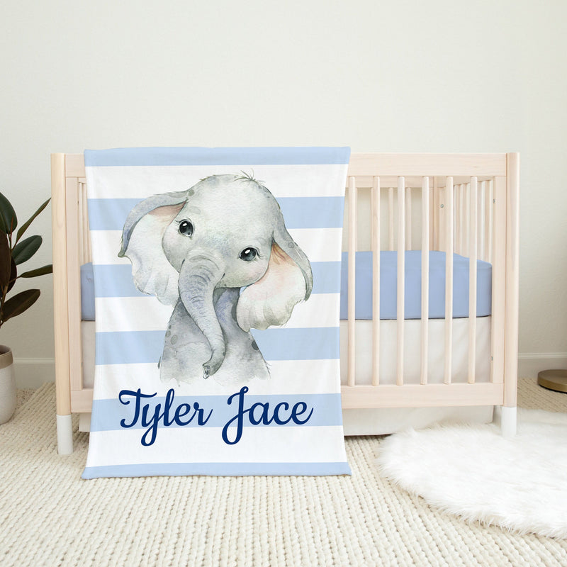 Elephant Boy Name Blanket Personalized Baby Blanket Blue Gray Stripes Baby Shower Gift Birthday Gift Elephant Nursery Crib Bedding   B1238