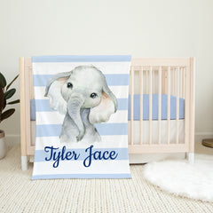 Elephant Boy Name Blanket Personalized Baby Blanket Blue Gray Stripes Baby Shower Gift Birthday Gift Elephant Nursery Crib Bedding   B1238