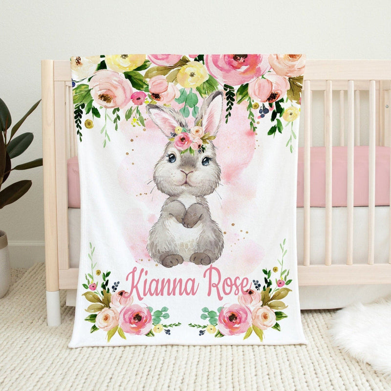 Bunny Rabbit Baby Girl Name Blanket Blush Pink Floral Blanket Newborn Baby Girl Monogram Flowers Baby Shower Gift Bunny Crib Bedding B1293