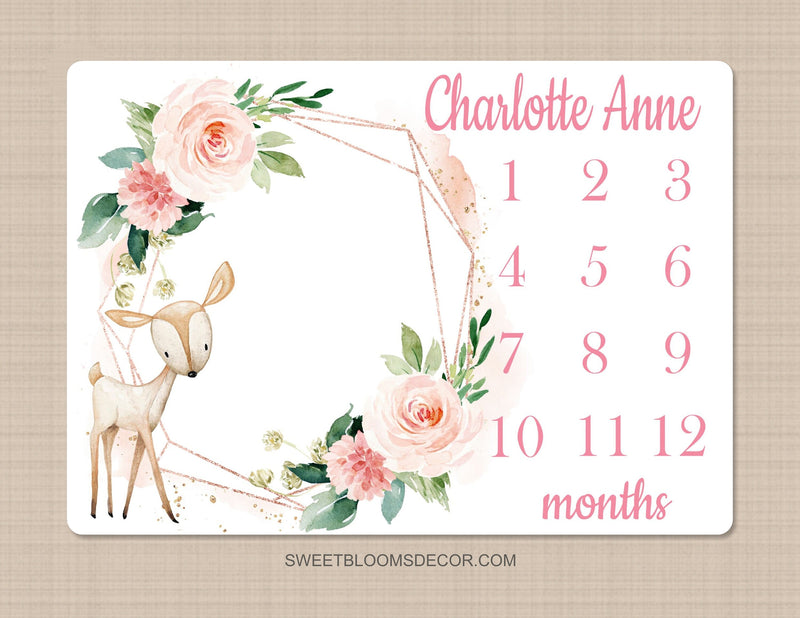 Deer Floral Milestone Blanket Blush Pink Flowers Woodland Monthly Growth Tracker Newborn Baby Girl Name Baby Shower Gift B1303