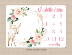 Deer Floral Milestone Blanket Blush Pink Flowers Woodland Monthly Growth Tracker Newborn Baby Girl Name Baby Shower Gift B1303