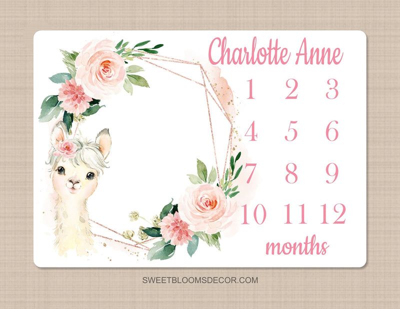 Llama Floral Milestone Blanket, Blush Pink Flowers Baby Llama Monthly Growth Tracker Newborn Baby Girl Name Baby Shower Gift B1304