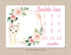 Llama Floral Milestone Blanket, Blush Pink Flowers Baby Llama Monthly Growth Tracker Newborn Baby Girl Name Baby Shower Gift B1304