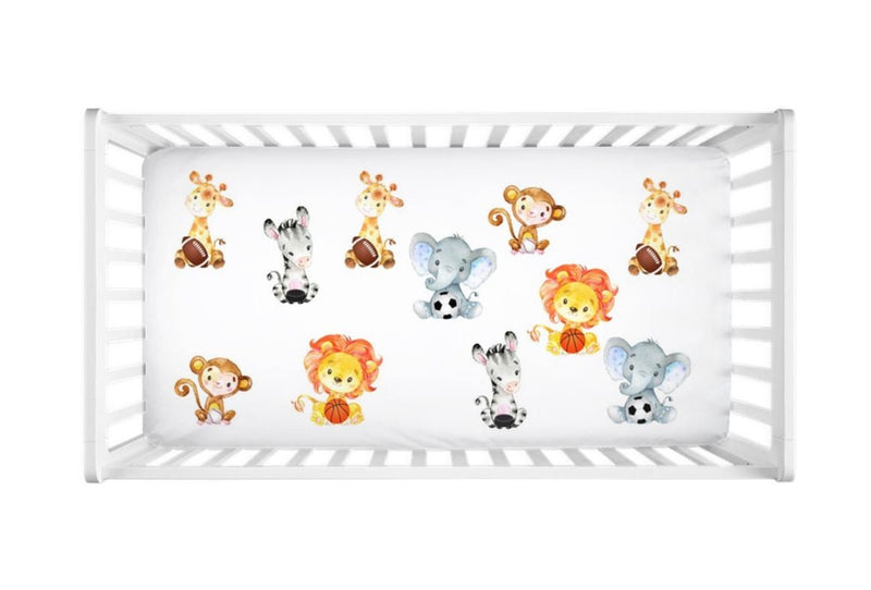 Safari Animals Sports Balls Crib Sheet Jungle Sports Balls Baby Shower Gift Nursery   C131