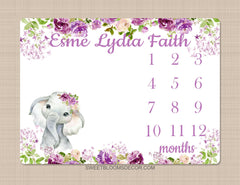 Purple Floral Elephant Milestone Blanket Lavender Lilac Flowers Watercolor Roses Personalized Newborn Baby Girl Shower Gift B1276