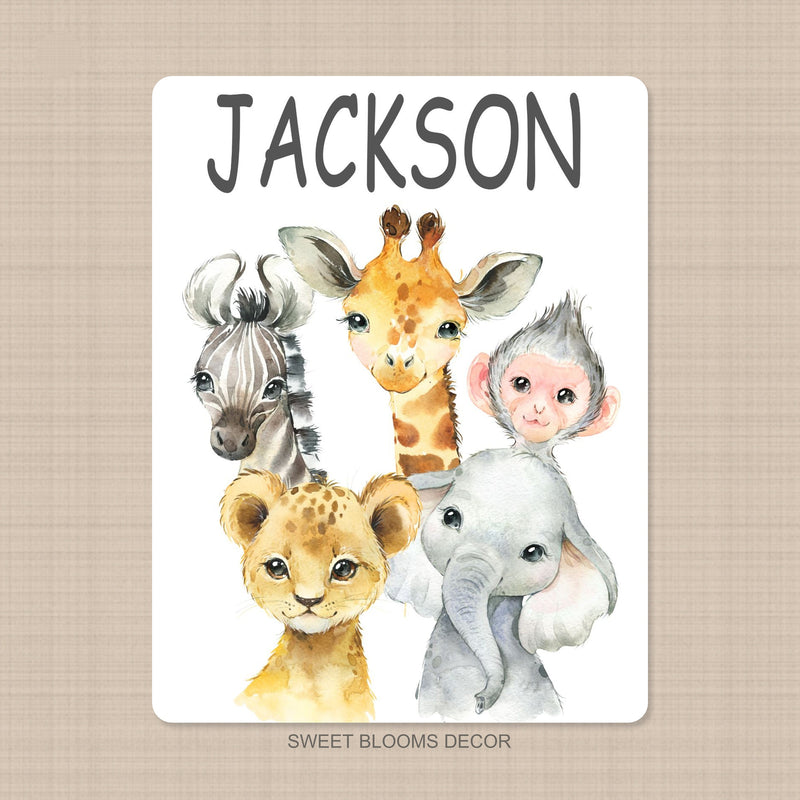 Safari Animals Baby Name Blanket, Baby Shower Gift, Jungle Animals Lion Elephant Giraffe Zebra Monkey Crib Bedding Blanket B1277