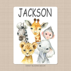 Safari Animals Baby Name Blanket, Baby Shower Gift, Jungle Animals Lion Elephant Giraffe Zebra Monkey Crib Bedding Blanket B1277