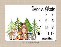 Woodland Milestone Blanket, Trees Forest Rustic, Newborn Gift, Baby Shower Gift Gender Neutral Baby Boy Animals Milestone Blanket B1316