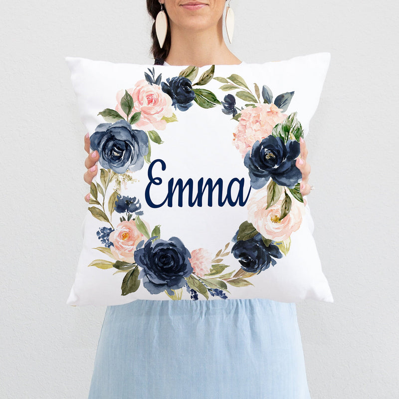 Floral Girl Name Throw Pillow Navy Blue Blush Pink Coral Flowers Wreath Nursery Bedroom Room Decor Cushion  Watercolor Monogram Bedding 210