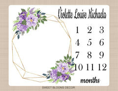 Purple Floral Milestone Blanket Lavender Flowers Wreath Leaves Blanket Monthly Growth Tracker Newborn Baby Girl Name Gift B1284