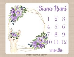 Llama  Floral Milestone Blanket Purple Lavender Flowers  Animals Monthly Growth Tracker Newborn Baby Girl Name Baby Shower Gift B1285