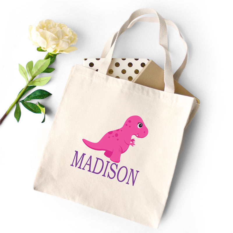 Dinosaur TOTE BAG T Rex Personalized Kids Canvas School Bag Custom Preschool Daycare Toddler Girl Beach Tote Bag Birthday Gift Library  T173