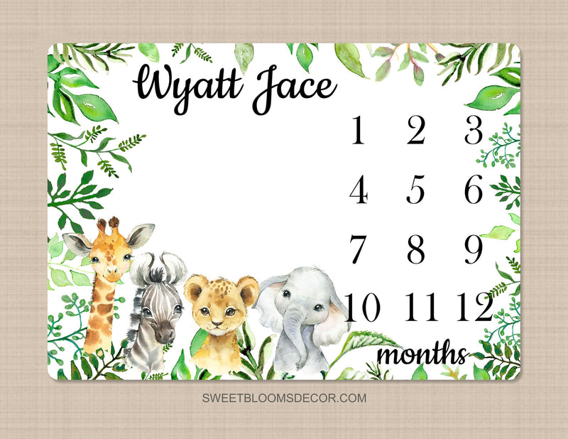 Animals Milestone Blanket, Jungle  Safari Animals Baby Boy Girl Monthly Blanket, Jungle Zoo Personalized Newborn Baby Shower Gift B1288