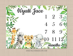 Animals Milestone Blanket, Jungle  Safari Animals Baby Boy Girl Monthly Blanket, Jungle Zoo Personalized Newborn Baby Shower Gift B1288