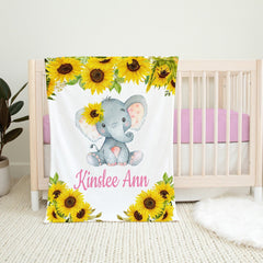 Sunflower Elephant Name Blanket Floral Personalized Watercolor Flowers Baby Girl Shower Gift Newborn Nursery Crib Bedding Sunflower B1289