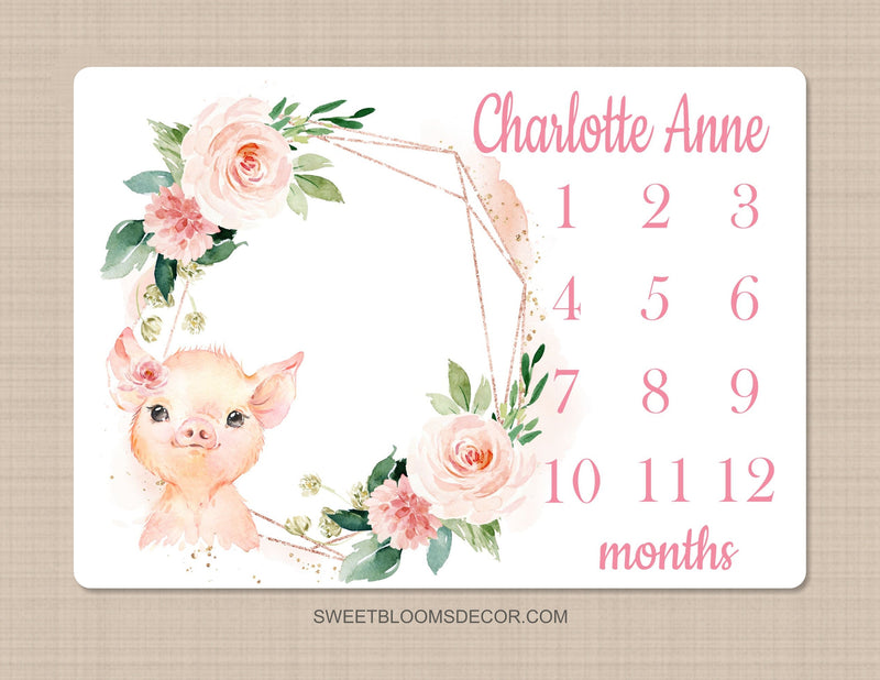 Pig Floral Milestone Blanket Blush Pink Flowers PigletMonthly Growth Tracker Newborn Baby Girl Name Baby Shower Gift B1303