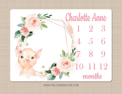 Pig Floral Milestone Blanket Blush Pink Flowers PigletMonthly Growth Tracker Newborn Baby Girl Name Baby Shower Gift B1303