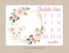 Lamb Floral Milestone Blanket Blush Pink Flowers Farm Sheep Monthly Growth Tracker Newborn Baby Girl Name Baby Shower Gift B1301