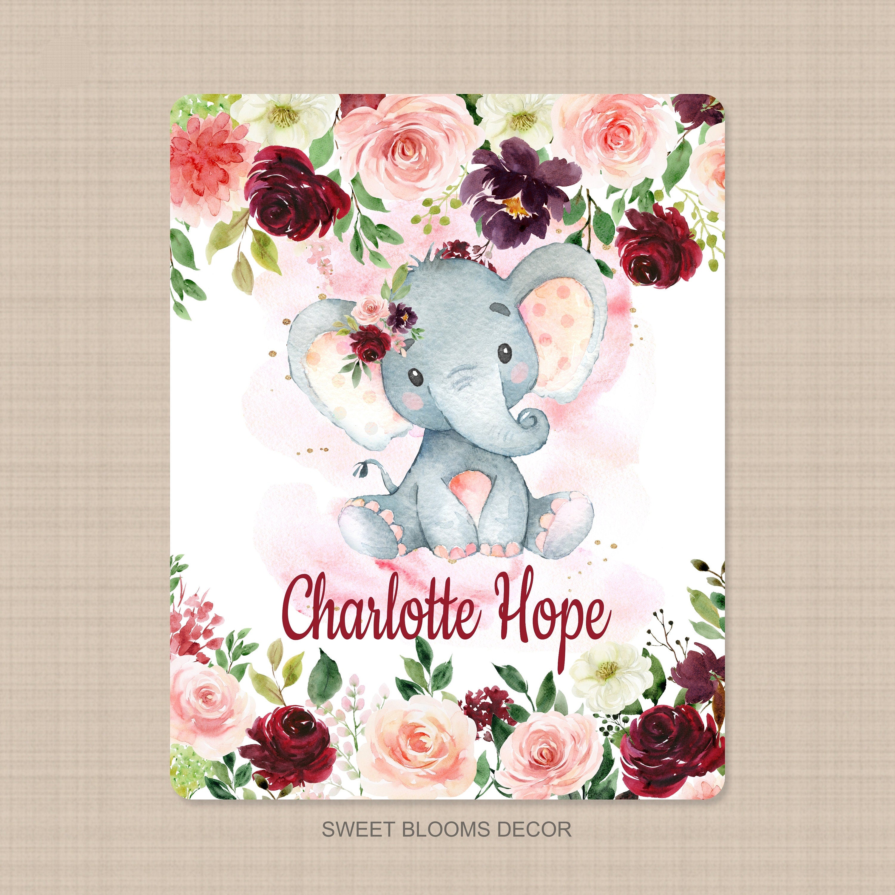 Elephant Floral Girl Name Blanket Blush Pink Magenta Burgundy Red