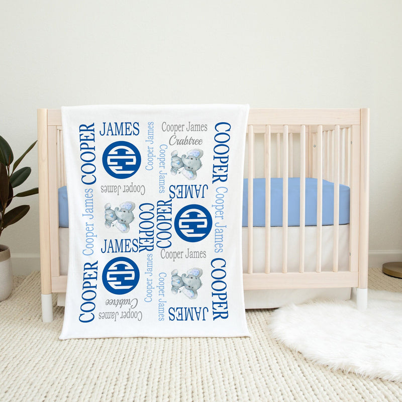Personalized Elephant Baby Name Blanket Navy Blue Gray Elephant Baby Boy Monogram Name Custom Blanket Baby Shower Gift Photo Prop B212