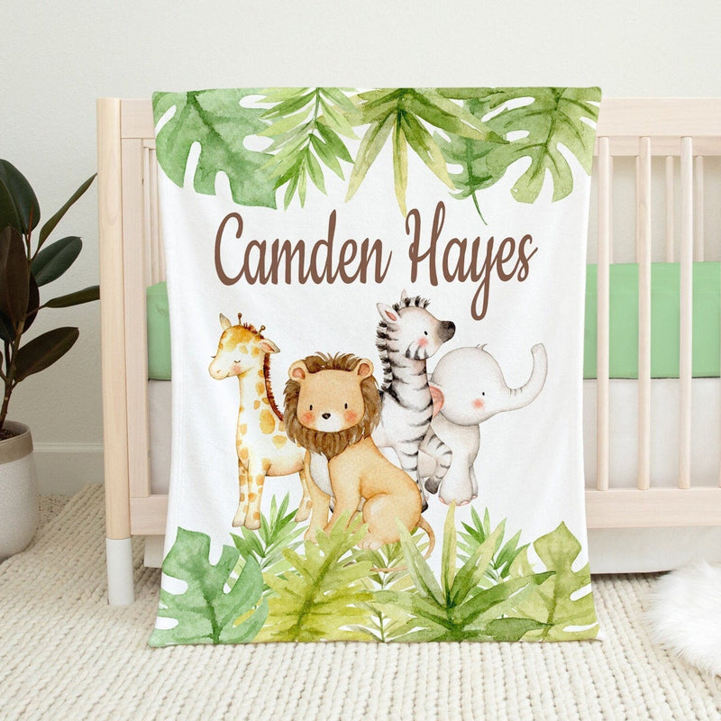 Jungle Animals Baby Boy Blanket Safari Tropical Leaves Greenery Name Blanket Newborn Monogram Baby Shower Gift Lion Elephant Giraffe B1320