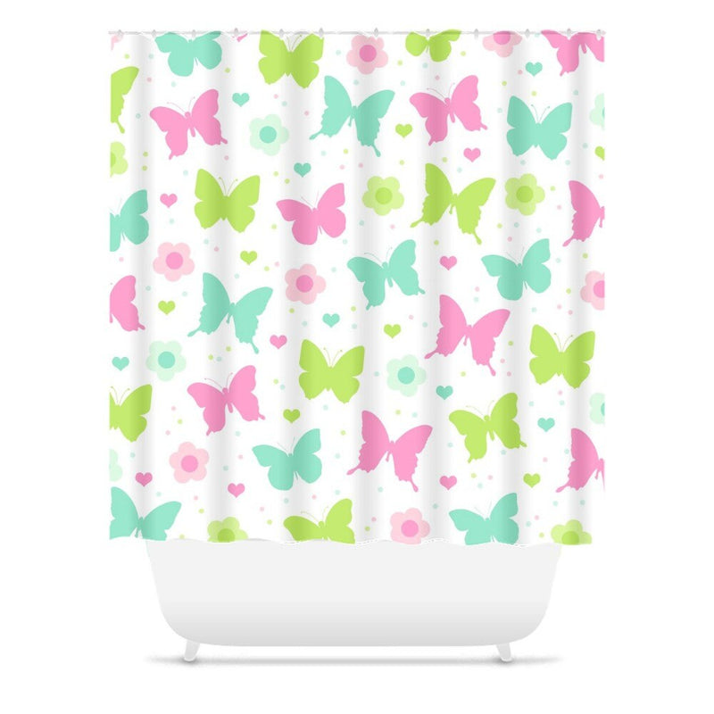 Butterflies and Flowers Shower Curtain, Pastel Pink Teal Blue Green Butterfly Baby Girl Bathroom Decor Bath Mat Towel Bathroom Set S174